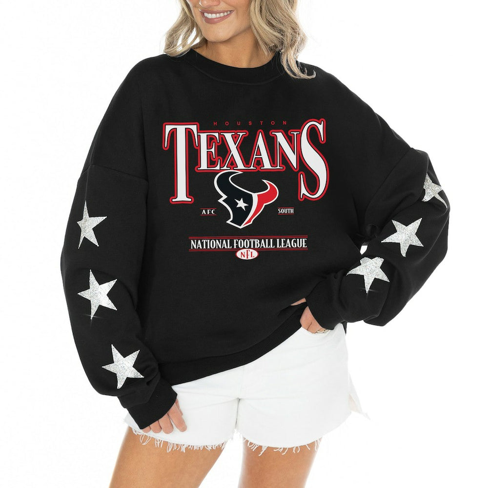 Gameday Couture Women's Rhinestone Star Sleeve Settle the Score Oversized Tri-Blend Pullover - Houston Texans