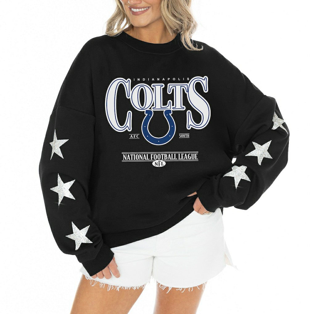 Gameday Couture Women's Rhinestone Star Sleeve Settle the Score Oversized Tri-Blend Pullover - Indianapolis Colts