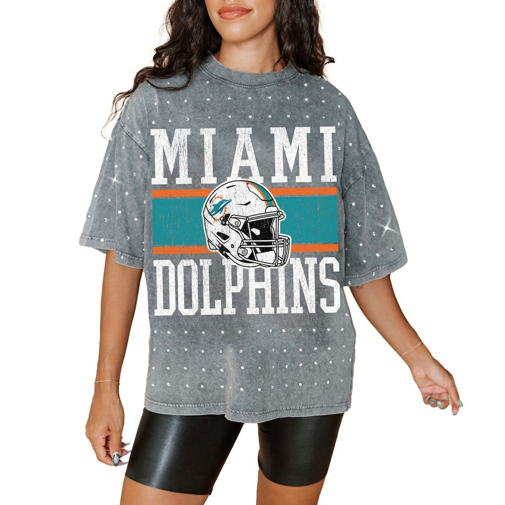 Gameday Couture Women's Oversized Mini Rhinestone Classic T-Shirt - Miami Dolphins