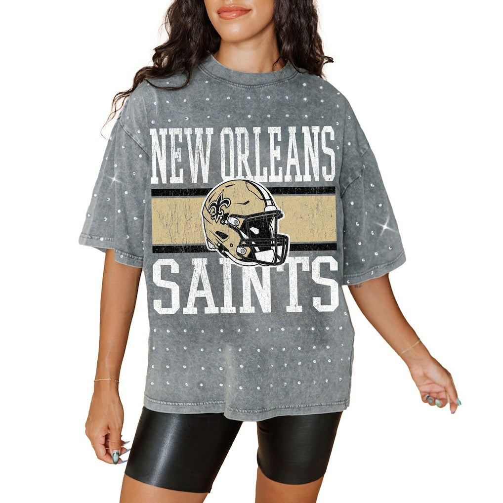 Gameday Couture Women's Oversized Mini Rhinestone Classic T-Shirt - New Orleans Saints