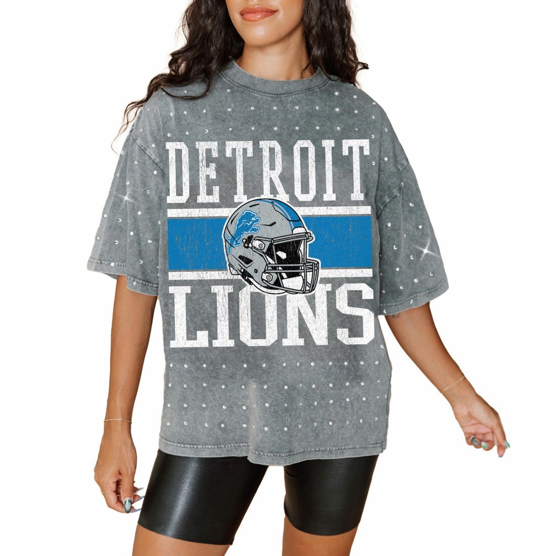 Gameday Couture Women's Oversized Mini Rhinestone Classic T-Shirt - Detroit Lions