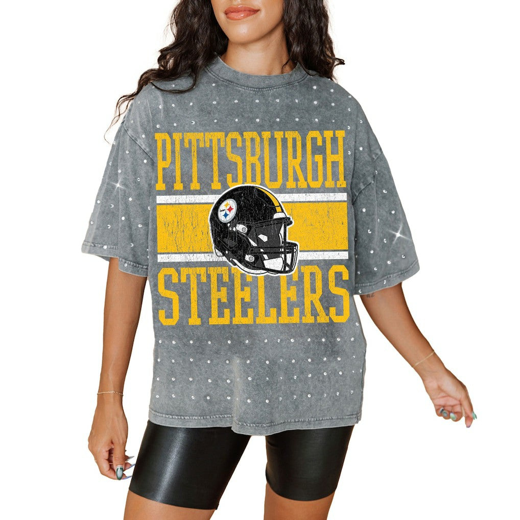 Gameday Couture Women's Oversized Mini Rhinestone Classic T-Shirt - Pittsburgh Steelers