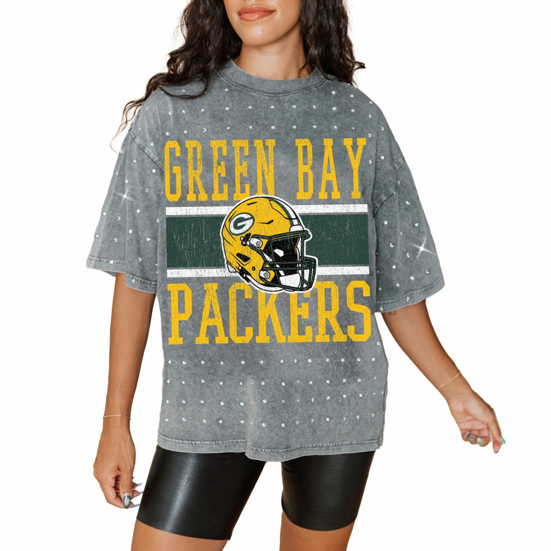 Gameday Couture Women's Oversized Mini Rhinestone Classic T-Shirt - Green Bay Packers