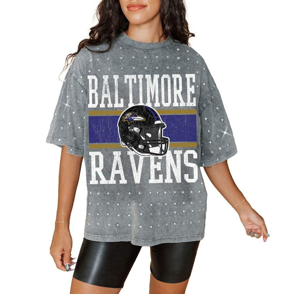 Gameday Couture Women's Oversized Mini Rhinestone Classic T-Shirt - Baltimore Ravens
