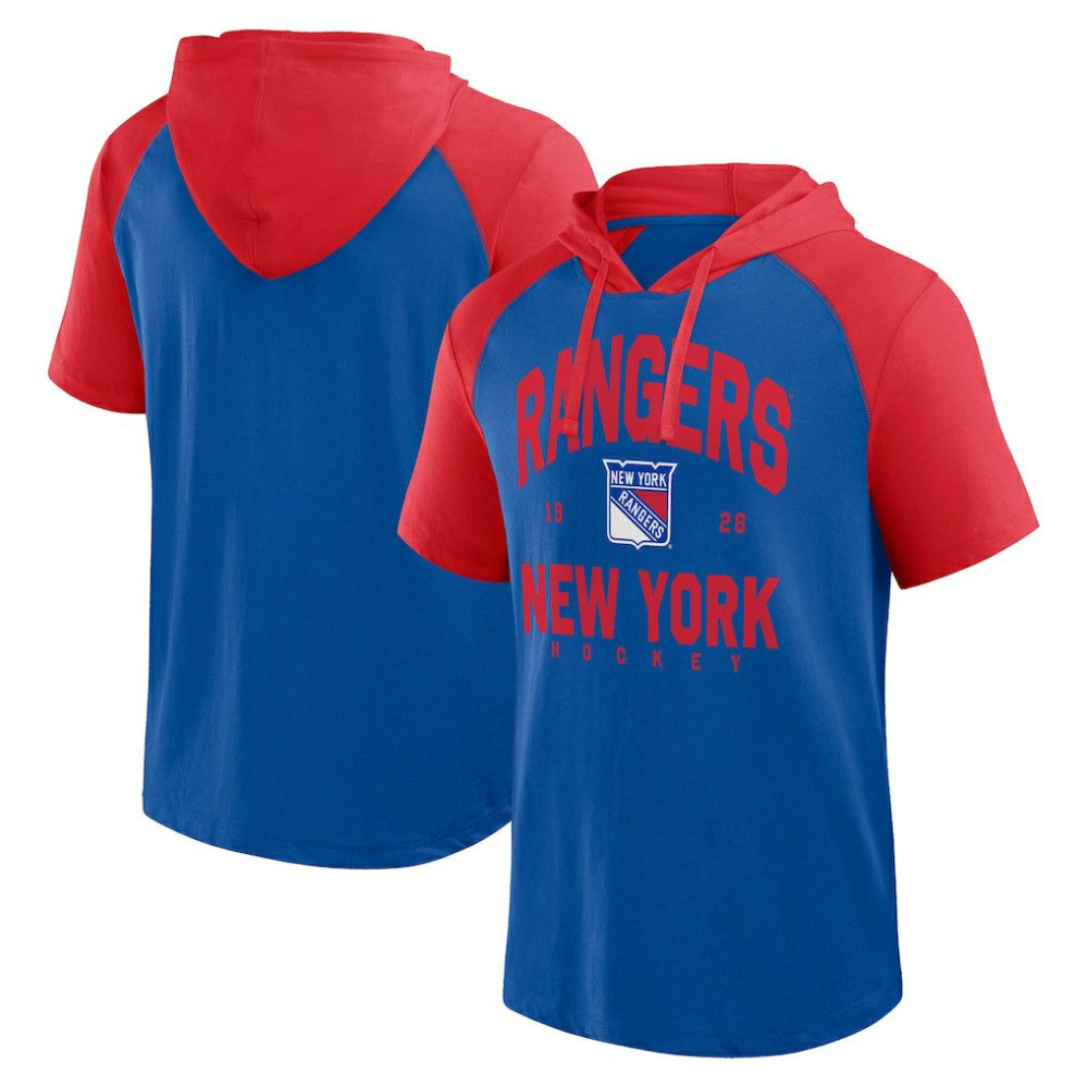 NHL Blue New York Rangers Logo Athletic Prime Raglan Short Sleeve Pullover Hoodie