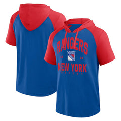 NHL Blue New York Rangers Logo Athletic Prime Raglan Short Sleeve Pullover Hoodie