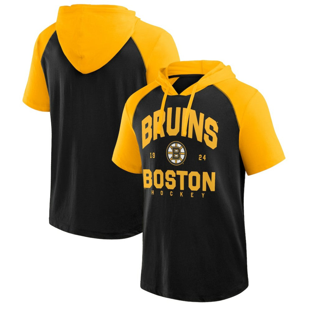 NHL Black Boston Bruins Logo Athletic Prime Raglan Short Sleeve Pullover Hoodie
