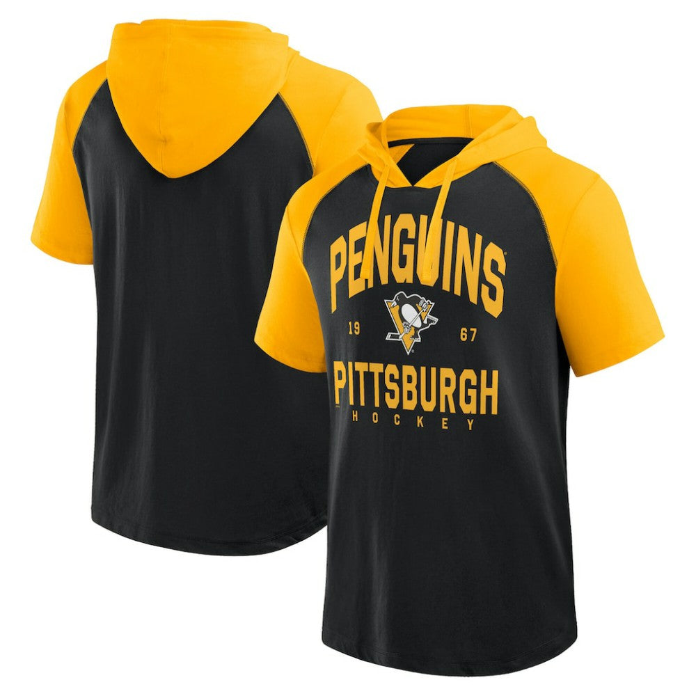 NHL Black Pittsburgh Penguins Logo Athletic Prime Raglan Short Sleeve Pullover Hoodie