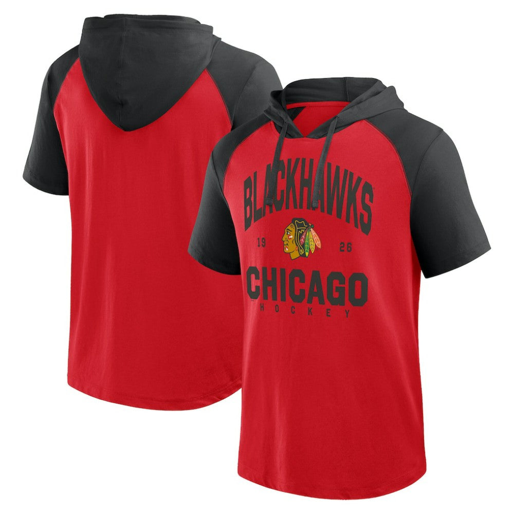 NHL Red Chicago Blackhawks Logo Athletic Prime Raglan Short Sleeve Pullover Hoodie