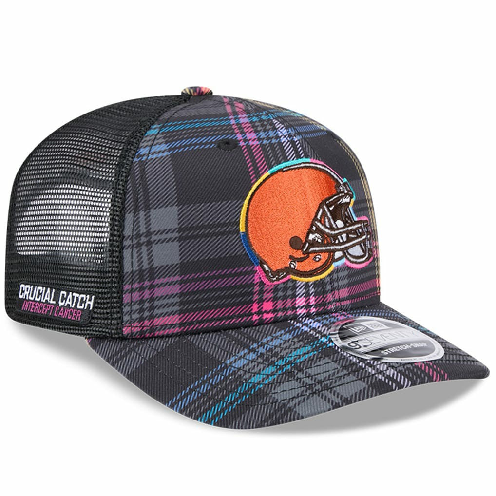 2024 NFL Crucial Catch Plaid 9SEVENTY Trucker Snapback Hat - Cleveland Browns