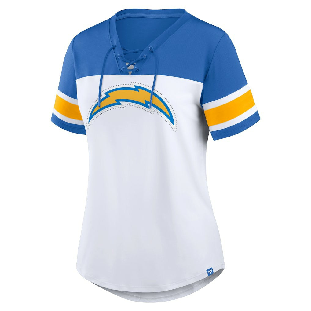 Women's Athena Rhinestone Lace-Up V-Neck T-Shirt - Los Angeles Chargers