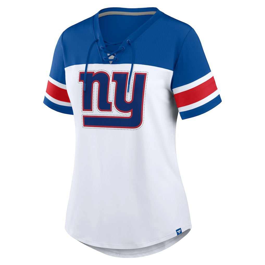 Women's Athena Rhinestone Lace-Up V-Neck T-Shirt - New York Giants