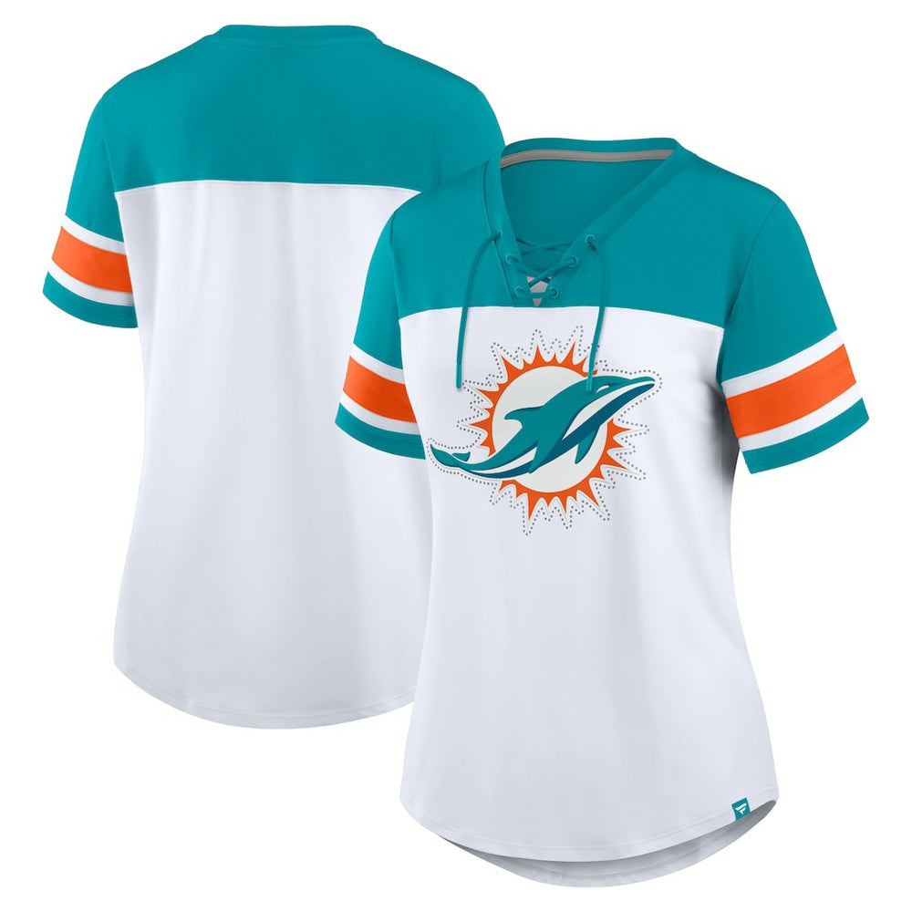 Women's Athena Rhinestone Lace-Up V-Neck T-Shirt - Miami Dolphins