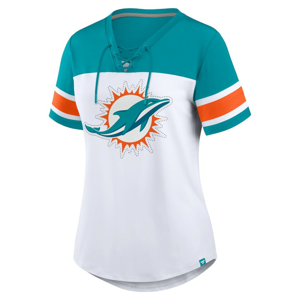 Women's Athena Rhinestone Lace-Up V-Neck T-Shirt - Miami Dolphins