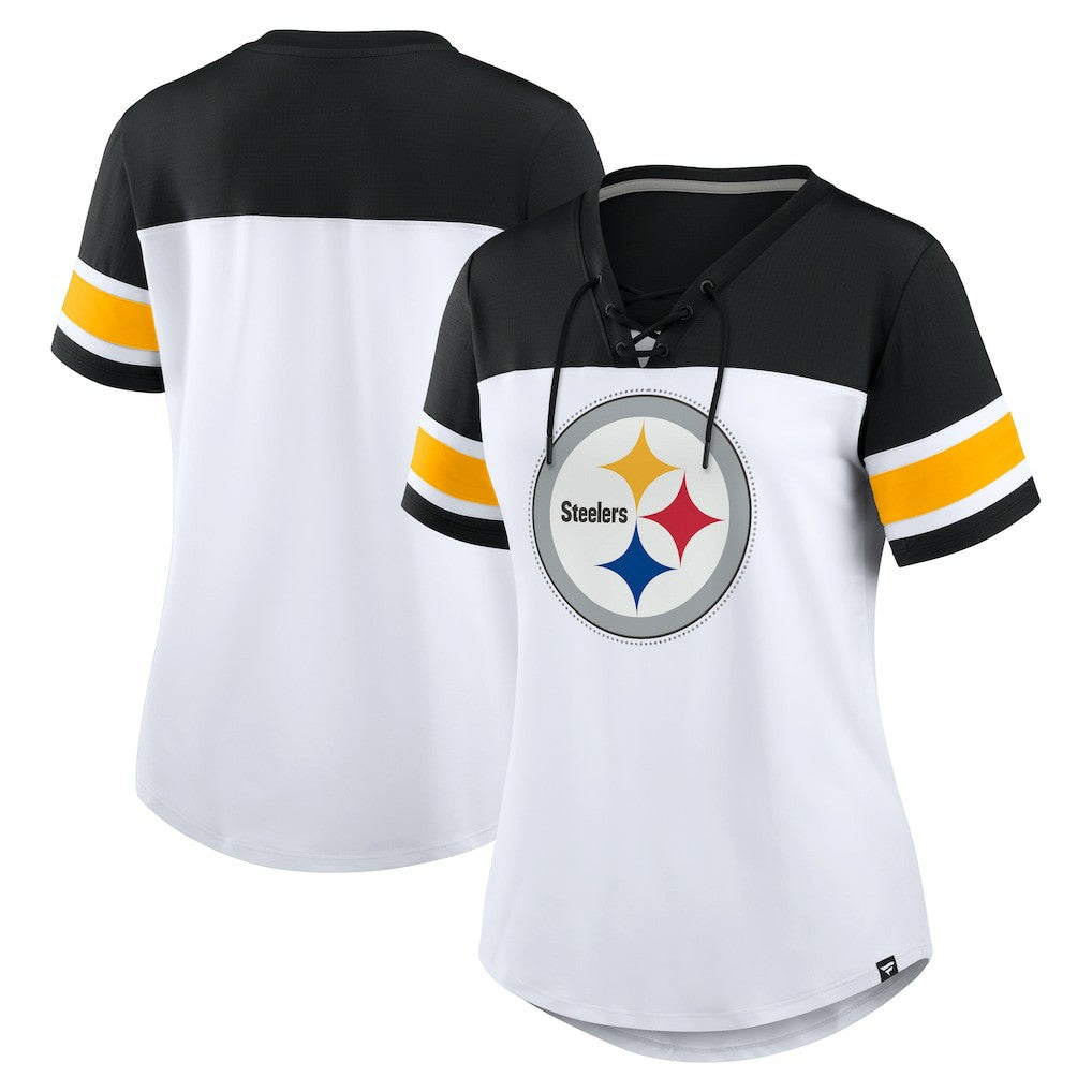 Women's Athena Rhinestone Lace-Up V-Neck T-Shirt - Pittsburgh Steelers