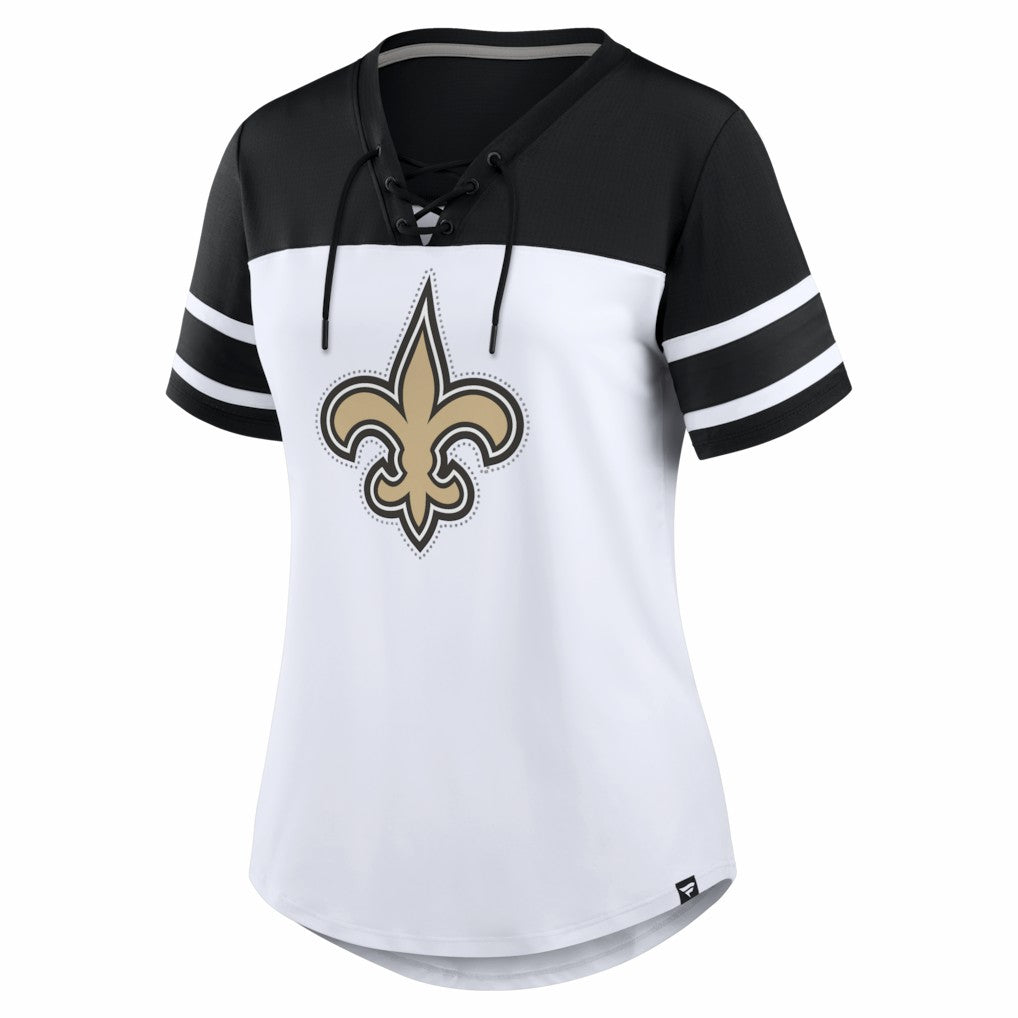 Women's Athena Rhinestone Lace-Up V-Neck T-Shirt - New Orleans Saints