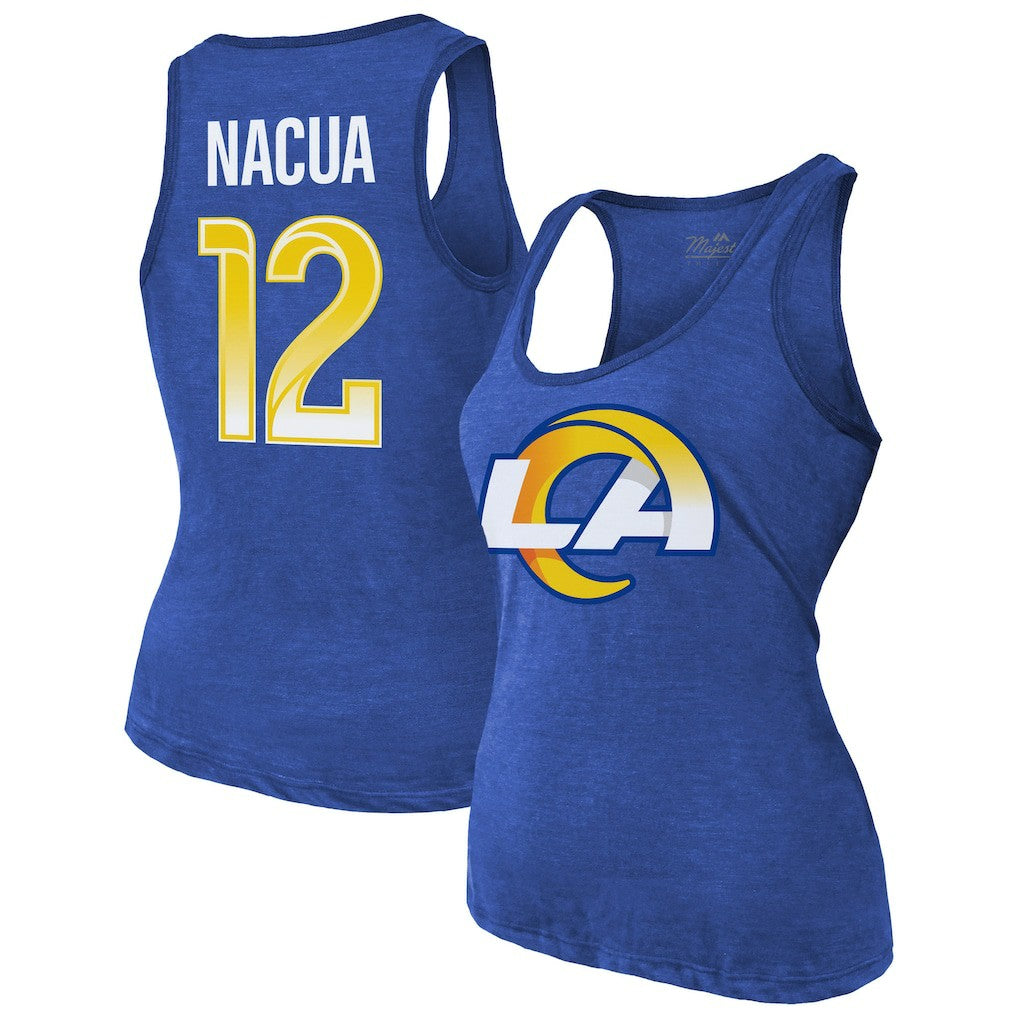 Puka Nacua  Majestic Threads Women's Name & Number Tri-Blend Scoop Neck Tank Top - Los Angeles Rams