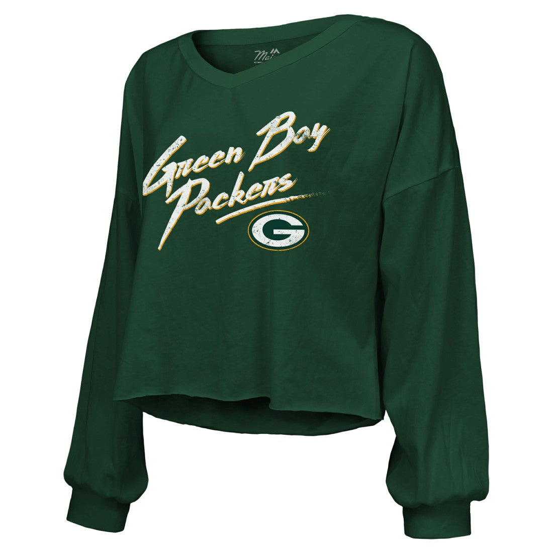 Jordan Love  Majestic Threads Women's Name & Number Off-Shoulder Script Cropped Long Sleeve Relaxed V-Neck T-Shirt - Green Bay Packers