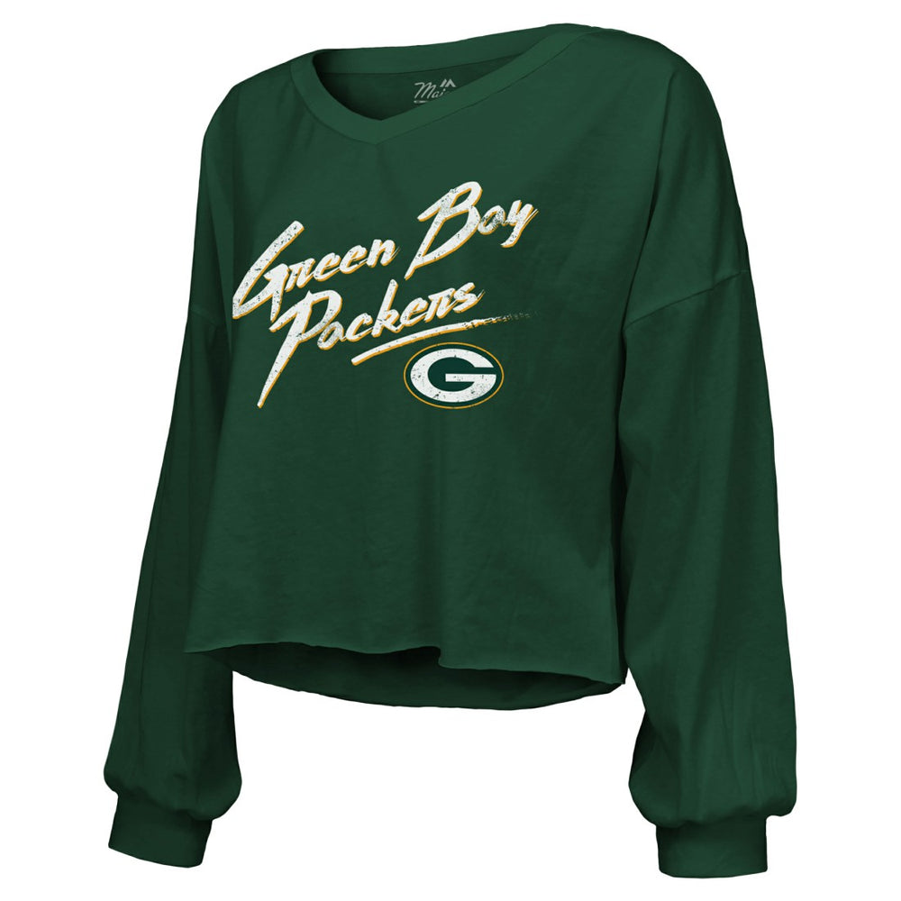Jordan Love  Majestic Threads Women's Name & Number Off-Shoulder Script Cropped Long Sleeve Relaxed V-Neck T-Shirt - Green Bay Packers