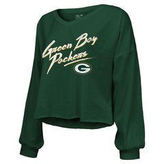 Jordan Love  Majestic Threads Women's Name & Number Off-Shoulder Script Cropped Long Sleeve Relaxed V-Neck T-Shirt - Green Bay Packers