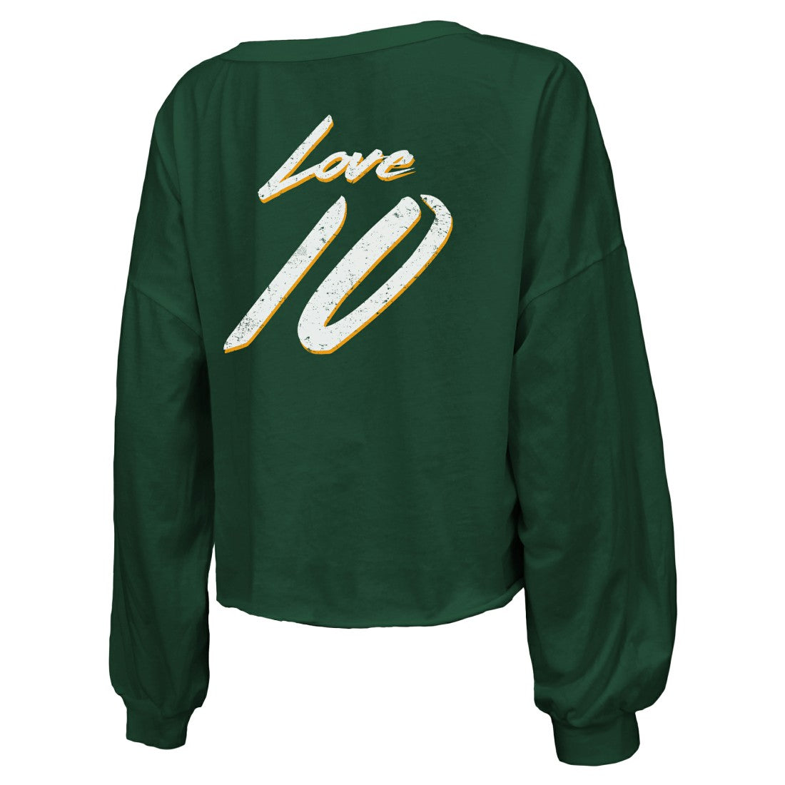 Jordan Love  Majestic Threads Women's Name & Number Off-Shoulder Script Cropped Long Sleeve Relaxed V-Neck T-Shirt - Green Bay Packers