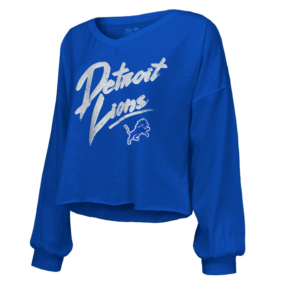 Amon-Ra St. Brown  Majestic Threads Women's Name & Number Off-Shoulder Script Cropped Long Sleeve Relaxed V-Neck T-Shirt - Detroit Lions