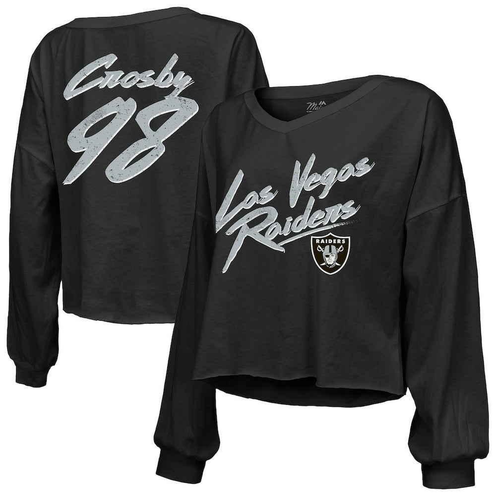Maxx Crosby  Majestic Threads Women's Name & Number Off-Shoulder Script Cropped Long Sleeve Relaxed V-Neck T-Shirt - Las Vegas Raiders