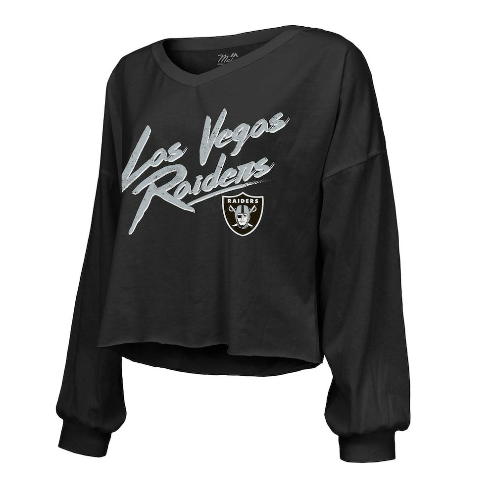 Maxx Crosby  Majestic Threads Women's Name & Number Off-Shoulder Script Cropped Long Sleeve Relaxed V-Neck T-Shirt - Las Vegas Raiders