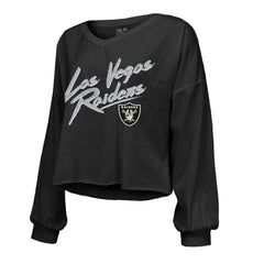 Maxx Crosby  Majestic Threads Women's Name & Number Off-Shoulder Script Cropped Long Sleeve Relaxed V-Neck T-Shirt - Las Vegas Raiders