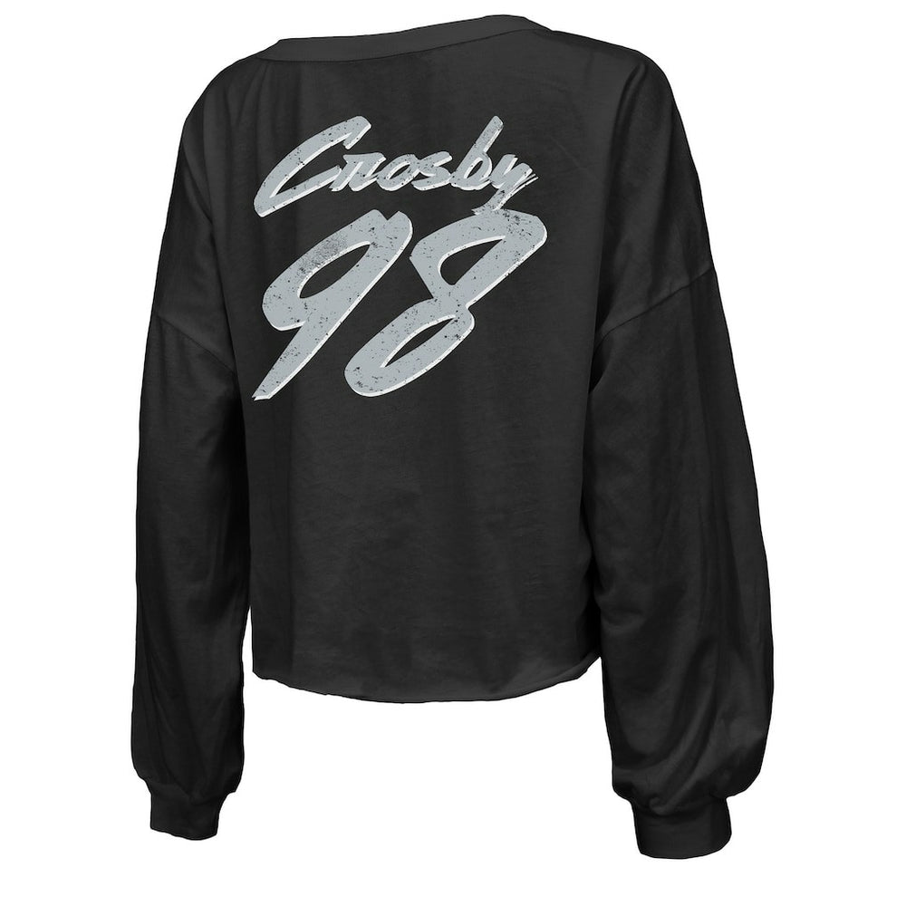 Maxx Crosby  Majestic Threads Women's Name & Number Off-Shoulder Script Cropped Long Sleeve Relaxed V-Neck T-Shirt - Las Vegas Raiders