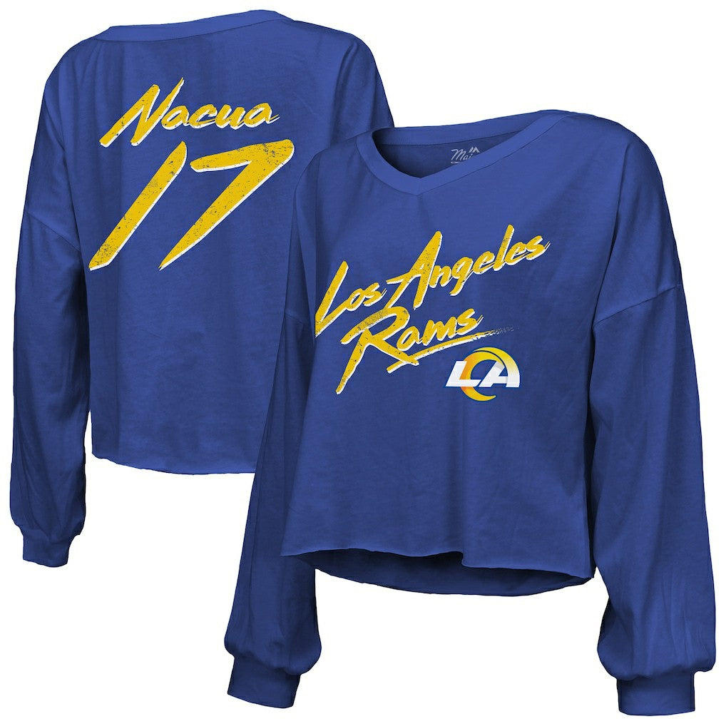 Puka Nacua  Majestic Threads Women's Off-Shoulder Script Player Name & Number Cropped Long Sleeve V-Neck T-Shirt - Los Angeles Rams