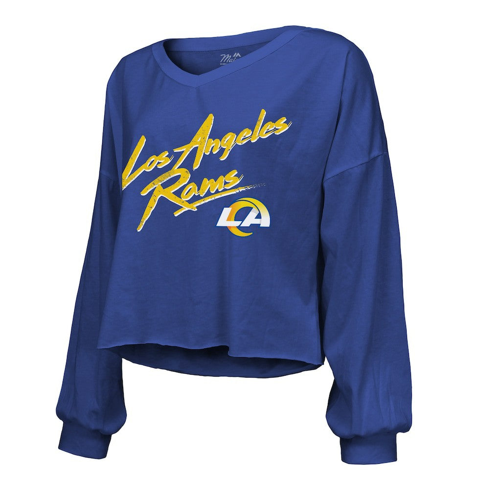 Puka Nacua  Majestic Threads Women's Off-Shoulder Script Player Name & Number Cropped Long Sleeve V-Neck T-Shirt - Los Angeles Rams