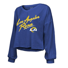 Puka Nacua  Majestic Threads Women's Off-Shoulder Script Player Name & Number Cropped Long Sleeve V-Neck T-Shirt - Los Angeles Rams