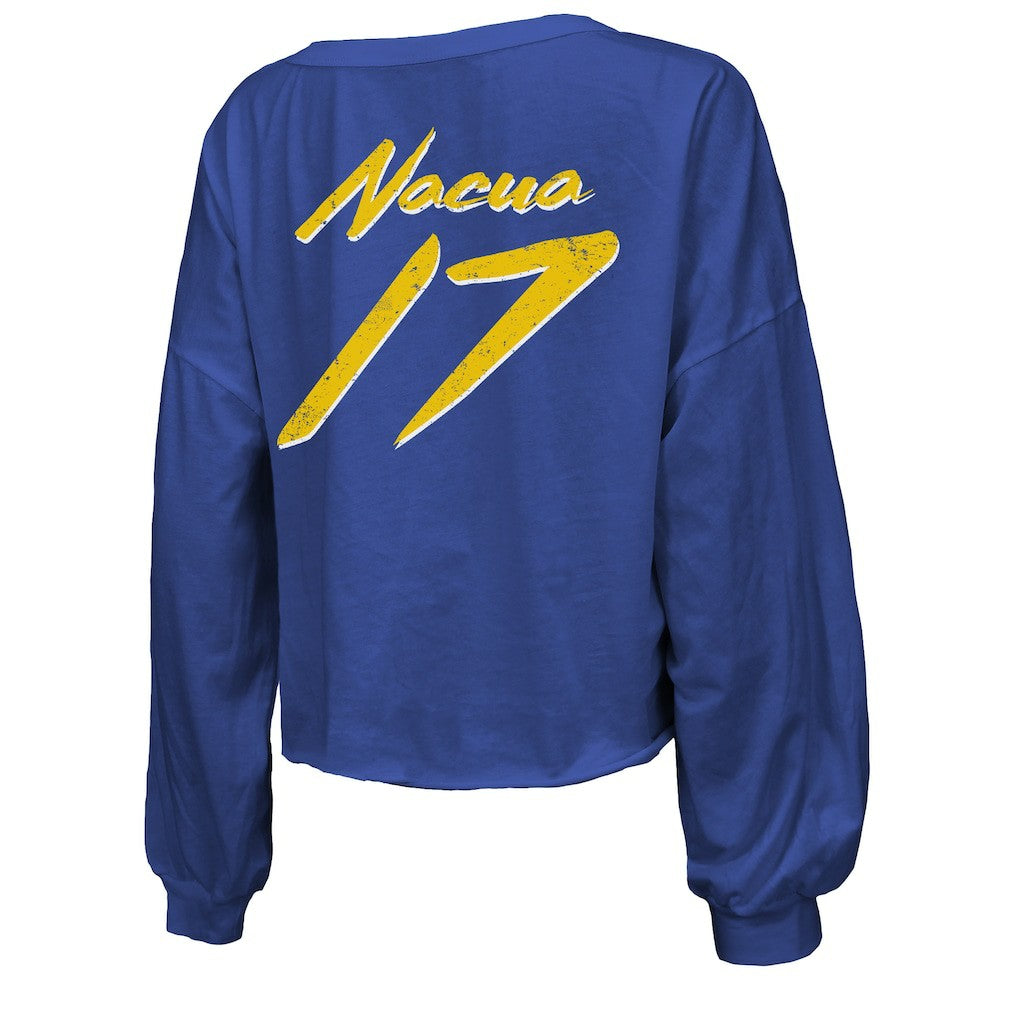 Puka Nacua  Majestic Threads Women's Off-Shoulder Script Player Name & Number Cropped Long Sleeve V-Neck T-Shirt - Los Angeles Rams