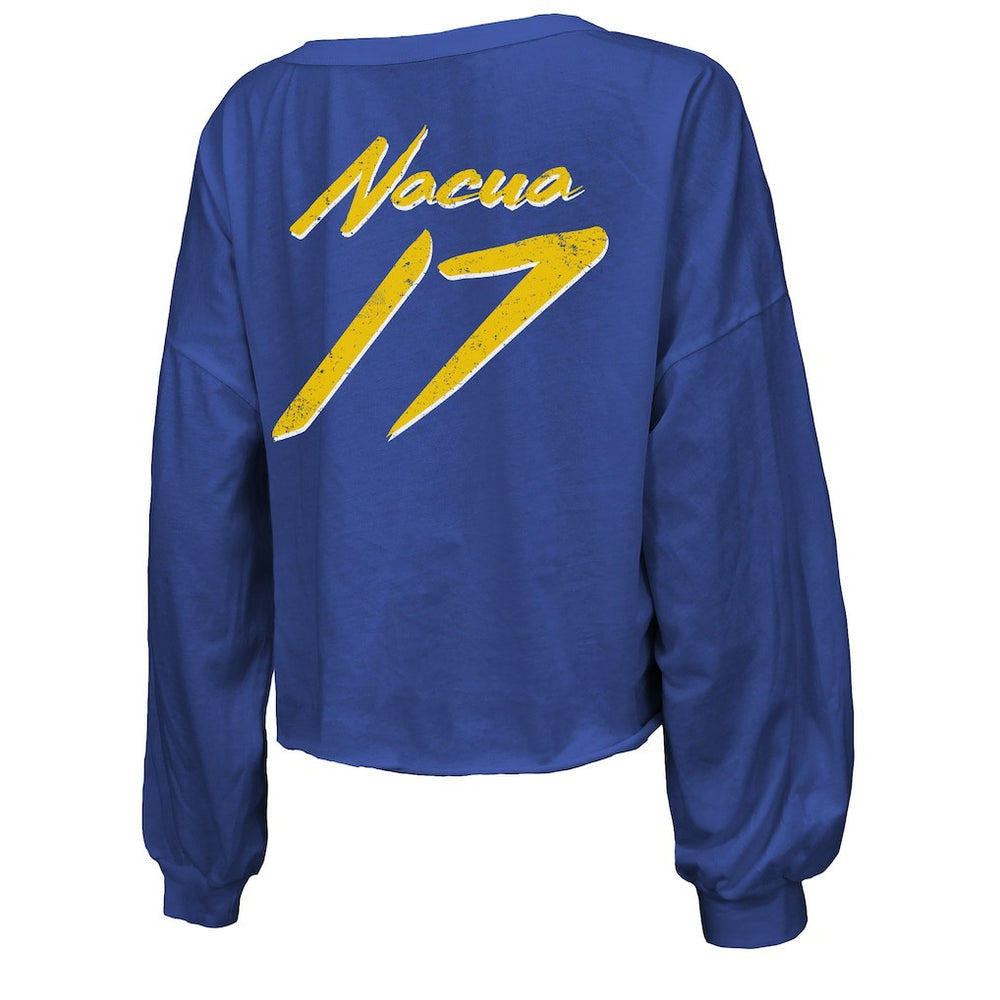 Puka Nacua  Majestic Threads Women's Off-Shoulder Script Player Name & Number Cropped Long Sleeve V-Neck T-Shirt - Los Angeles Rams