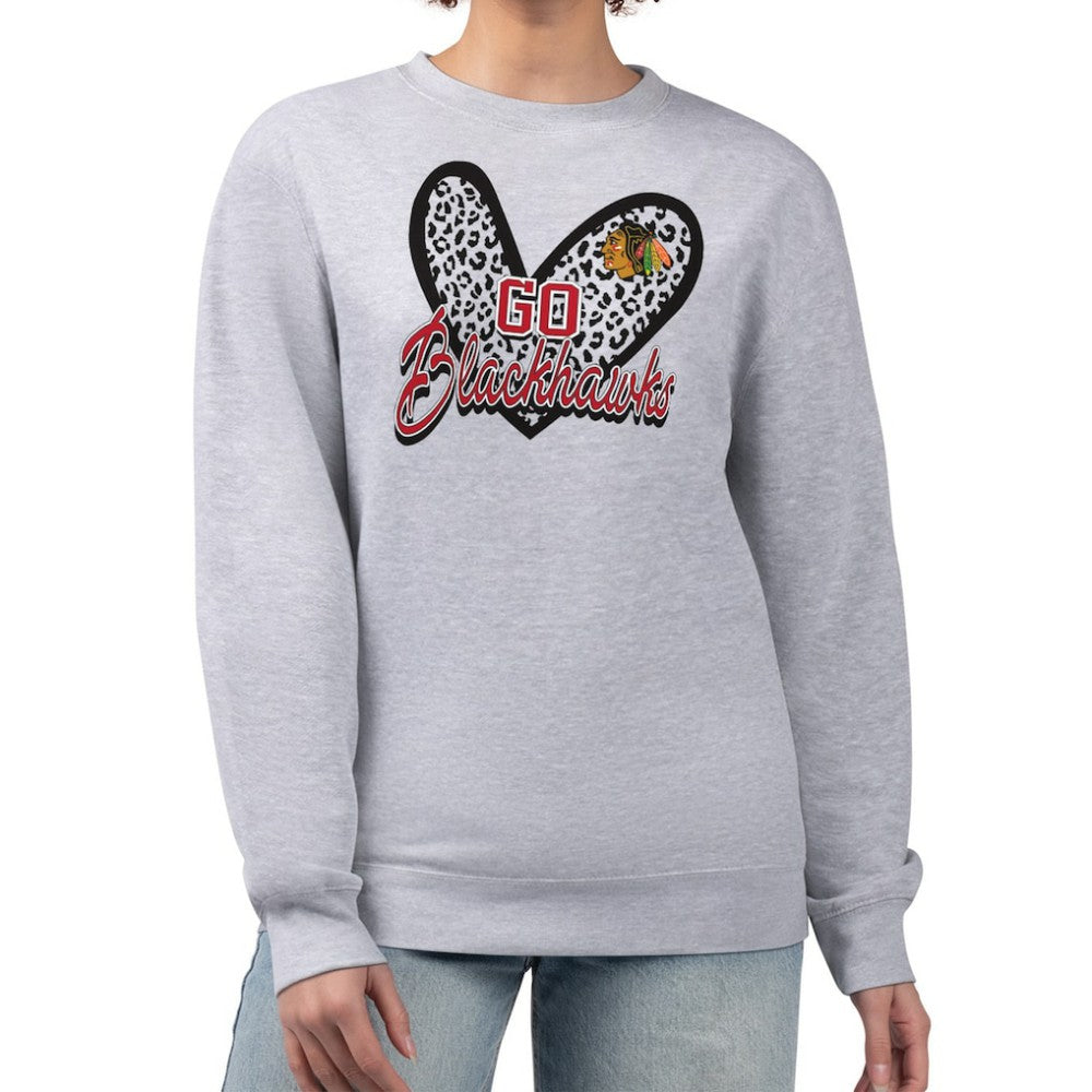 NHL Heather Gray Chicago Blackhawks G-III 4Her by Carl Banks Women's Animal Print Heart Fleece Pullover Sweatshirt