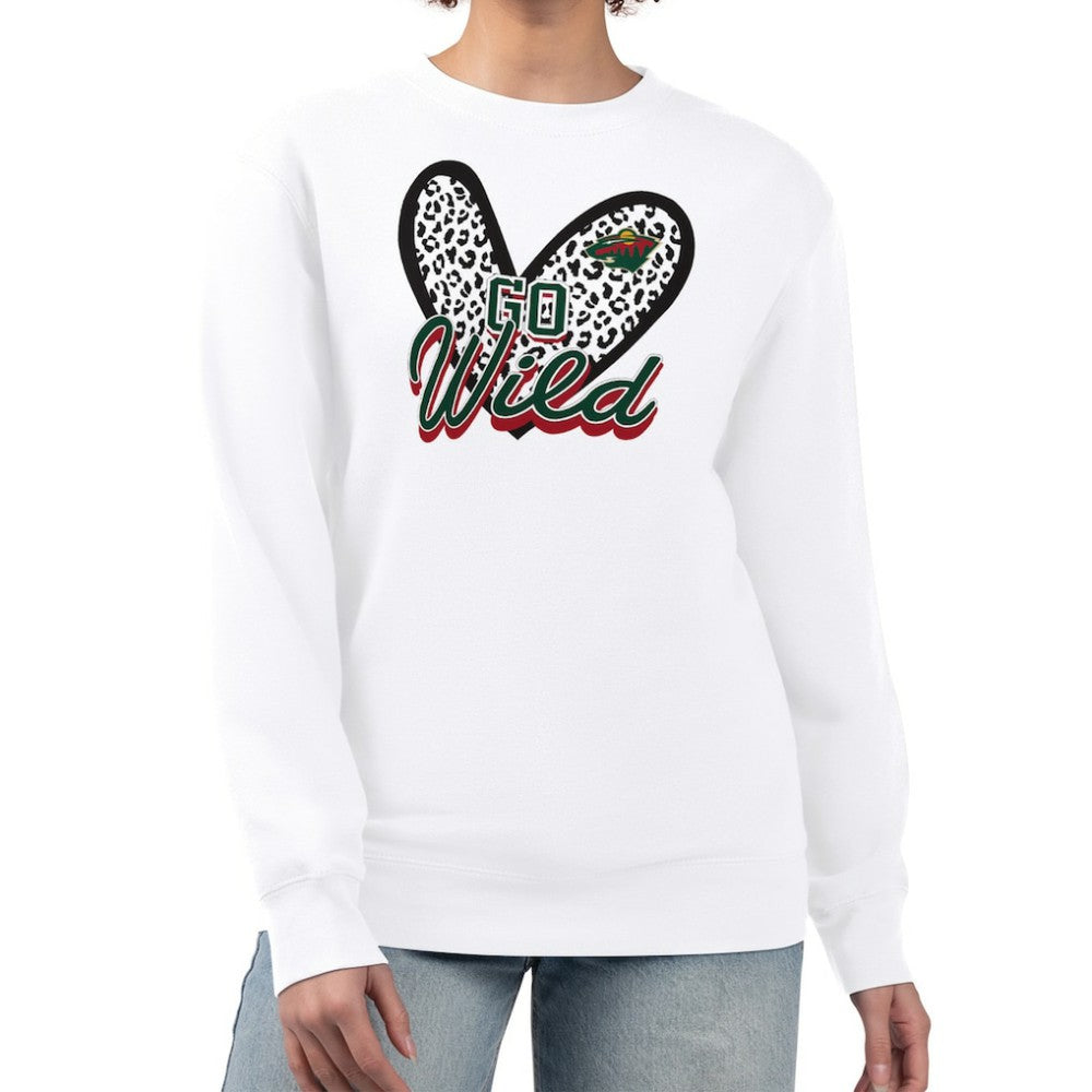 NHL White Minnesota Wild G-III 4Her by Carl Banks Women's Animal Print Heart Fleece Pullover Sweatshirt