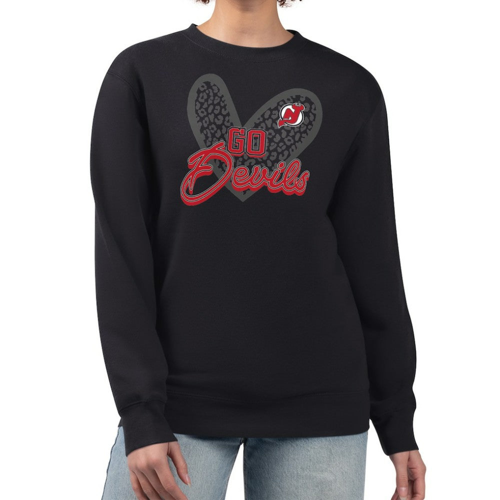 NHL Black New Jersey Devils G-III 4Her by Carl Banks Women's Animal Print Heart Fleece Pullover Sweatshirt
