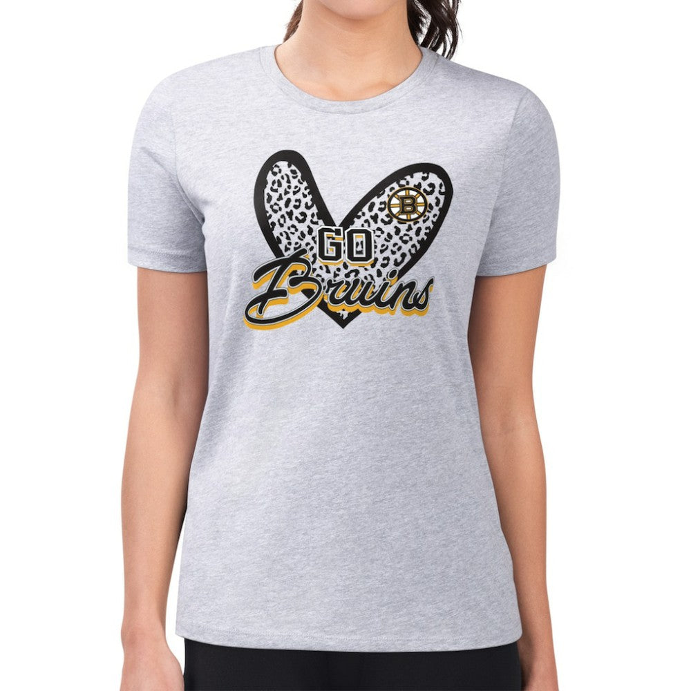 NHL Heather Gray Boston Bruins G-III 4Her by Carl Banks Women's Super-Slim Fit Lightweight Animal Print Heart T-Shirt
