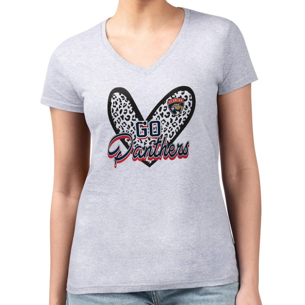 NHL Heather Gray Florida Panthers G-III 4Her by Carl Banks Women's Super-Slim Fit Lightweight Animal Print Heart V-Neck T-Shirt