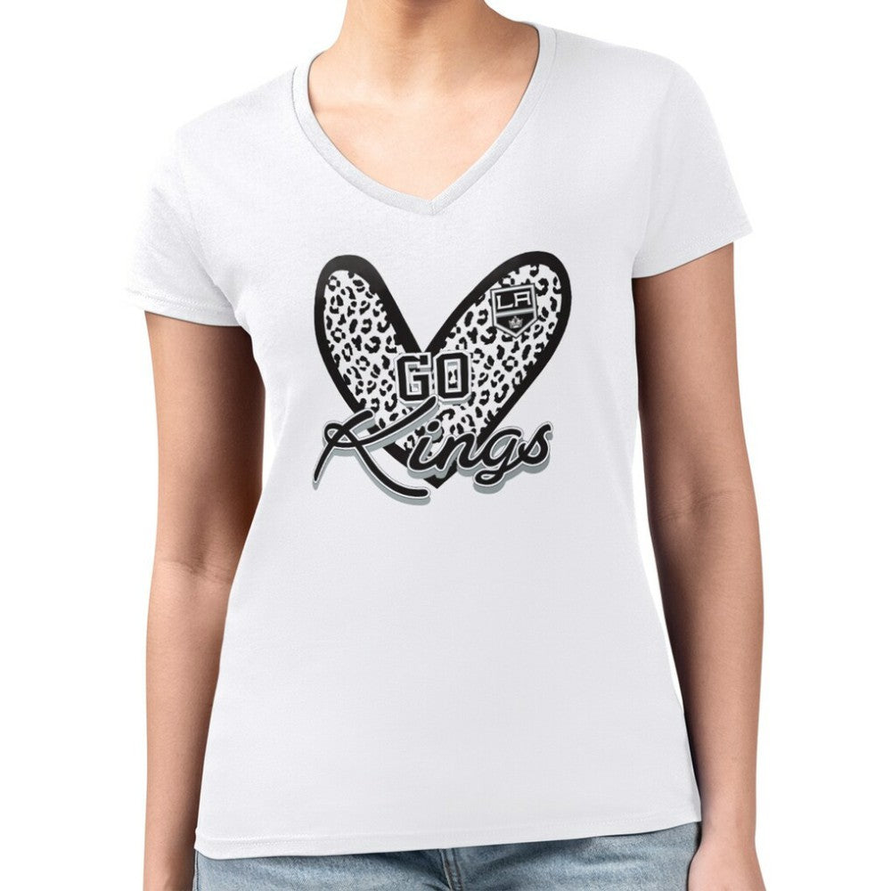 NHL White Los Angeles Kings G-III 4Her by Carl Banks Women's Super-Slim Fit Lightweight Animal Print Heart V-Neck T-Shirt
