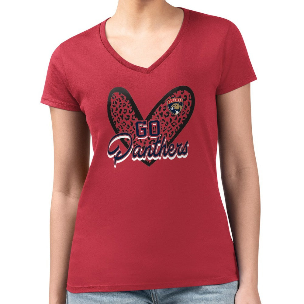 NHL Red Florida Panthers G-III 4Her by Carl Banks Women's Super-Slim Fit Lightweight Animal Print Heart V-Neck T-Shirt