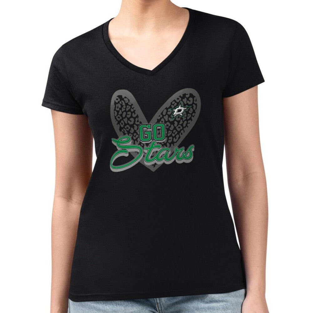 NHL Black Dallas Stars G-III 4Her by Carl Banks Women's Super-Slim Fit Lightweight Animal Print Heart V-Neck T-Shirt