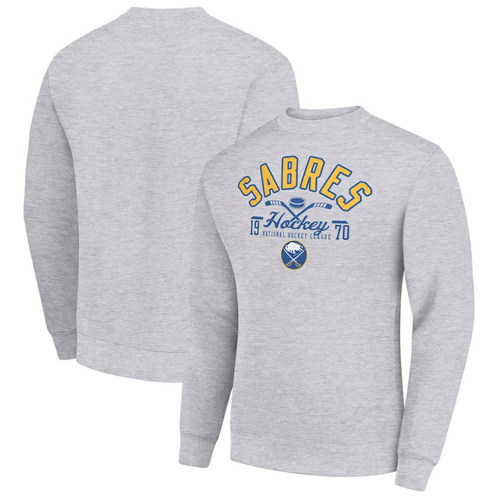 NHL Heather Gray Buffalo Sabres Starter Stick And Puck Logo Fleece Pullover Sweatshirt
