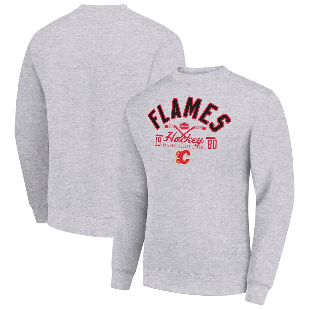 NHL Heather Gray Calgary Flames Starter Stick And Puck Logo Fleece Pullover Sweatshirt