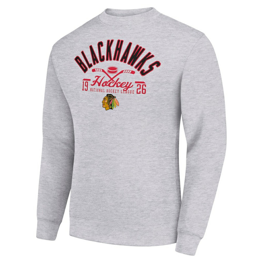 NHL Heather Gray Chicago Blackhawks Starter Stick And Puck Logo Fleece Pullover Sweatshirt