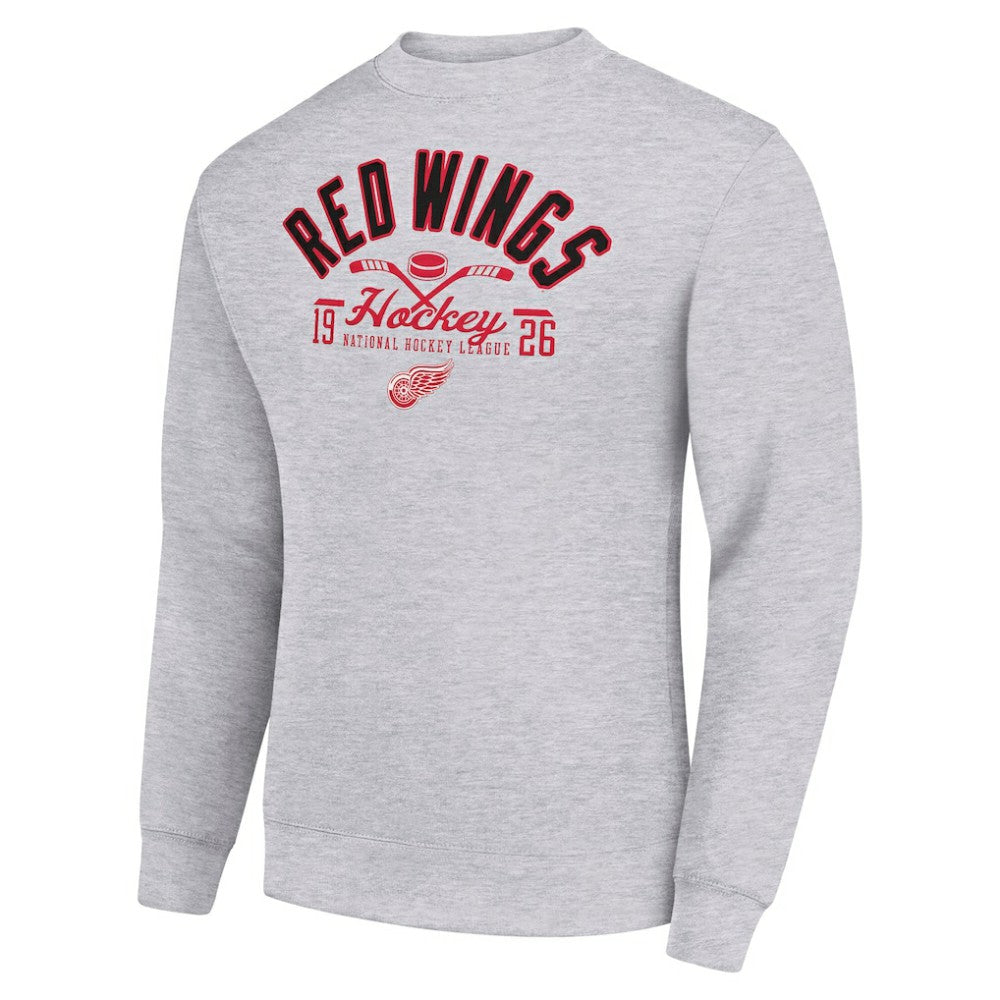 NHL Heather Gray Detroit Red Wings Starter Stick And Puck Logo Fleece Pullover Sweatshirt