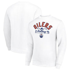 NHL White Edmonton Oilers Starter Stick And Puck Logo Fleece Pullover Sweatshirt