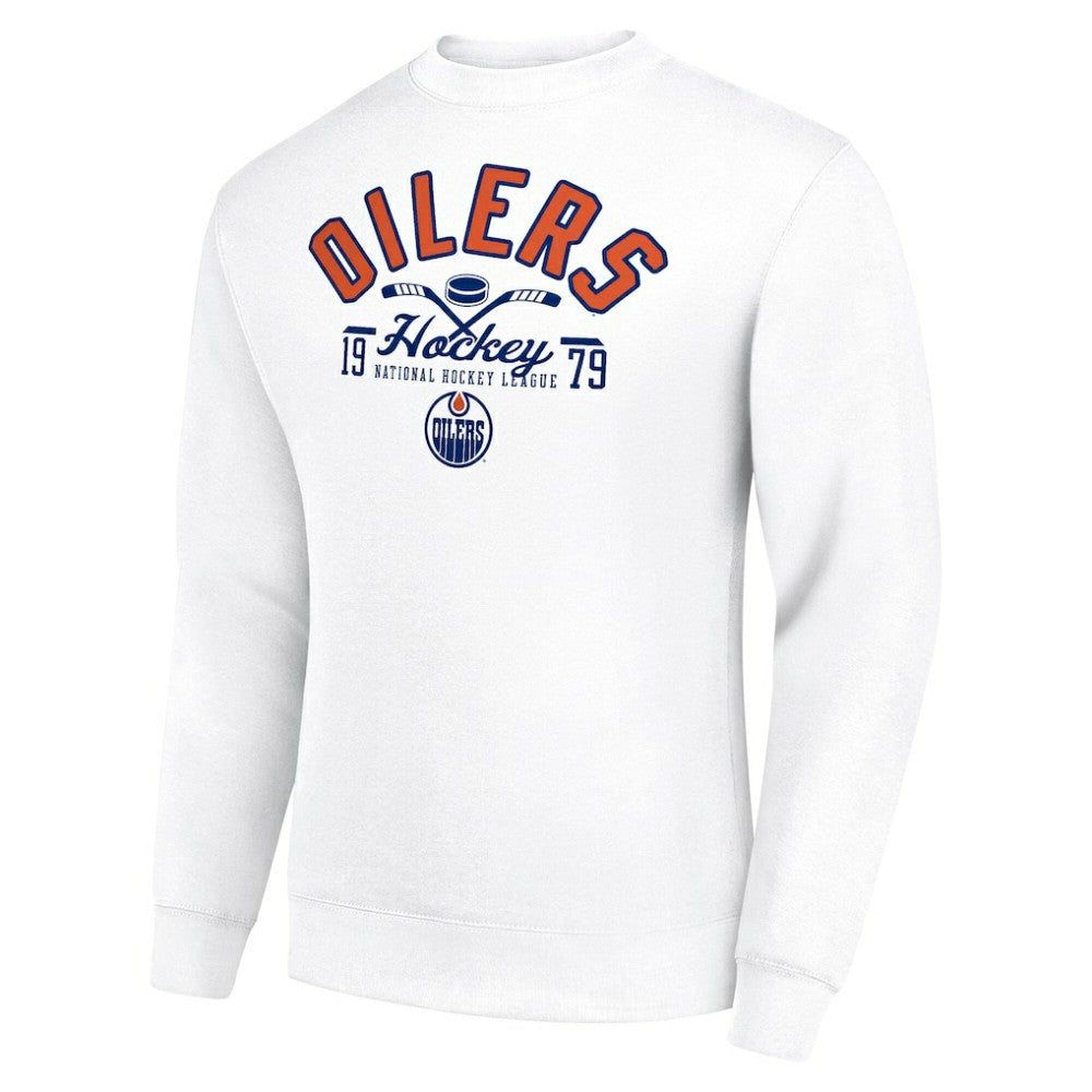 NHL White Edmonton Oilers Starter Stick And Puck Logo Fleece Pullover Sweatshirt