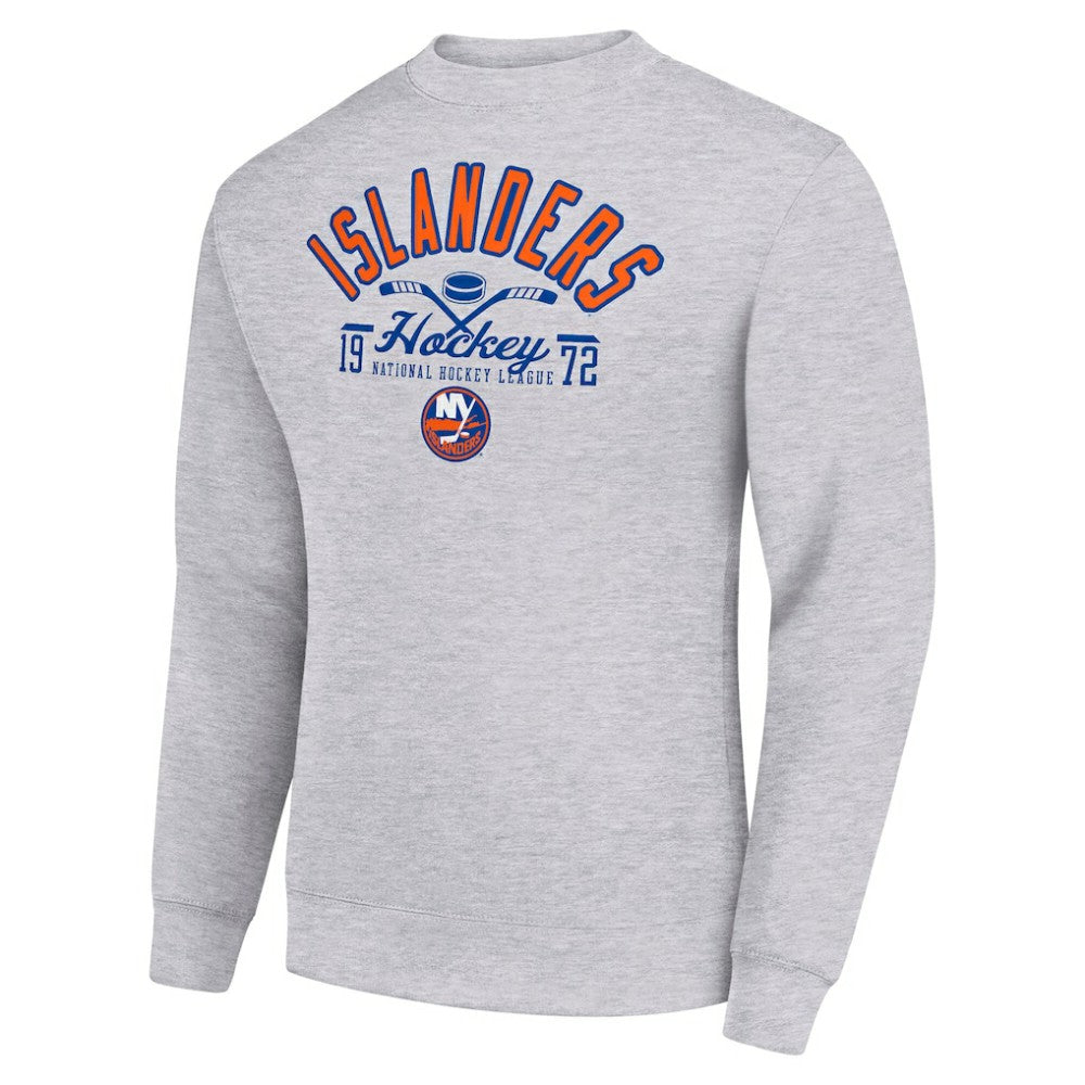 NHL Heather Gray New York Islanders Starter Stick And Puck Logo Fleece Pullover Sweatshirt
